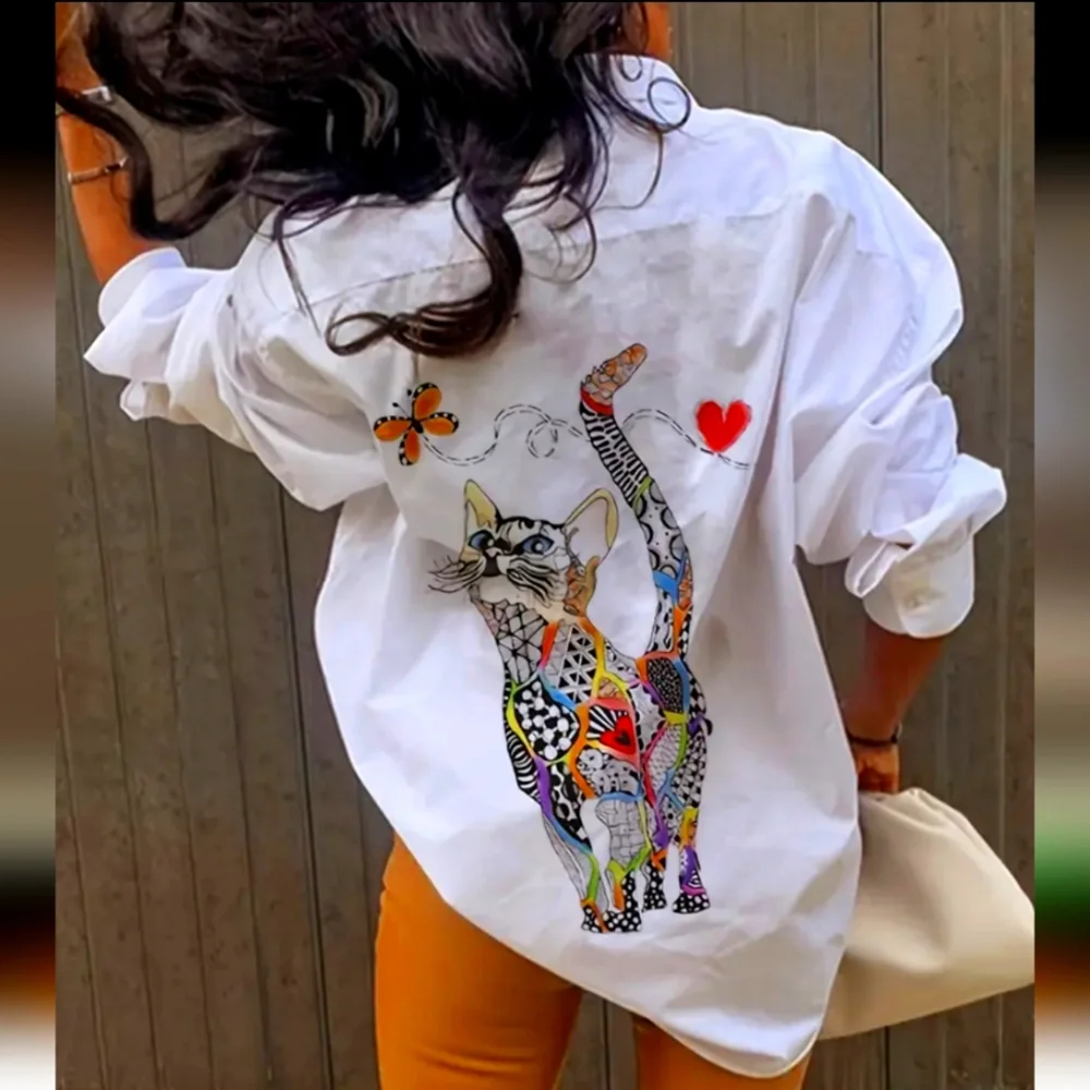 Casual Long Sleeve Cat Print Shirt - Patched Pocket Button Front, Spring & Fall - Picture 2 of 6
